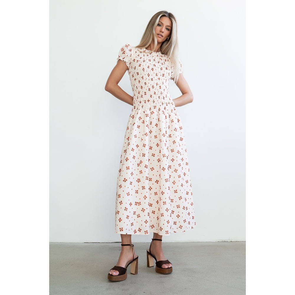 New Bohme Floral Smocked Midi Dress XL Beige Puff Sleeve Cottagecore Modest Opal